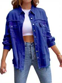 Women's Ripped Distressed Denim Jacket Long Sleeve Button Down Boyfriend Jean Coat Trucker Jacket - Màu xanh lam - Xem 2