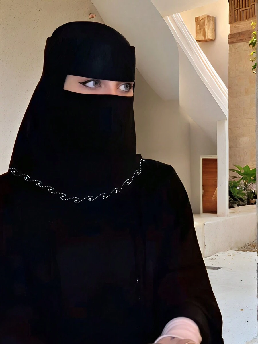 1pc Soft Solid Color Chiffon Face Scarf Veil Women Niqab Glitter Skin Friendly Casual Hijab - Small Wave Black - View 1