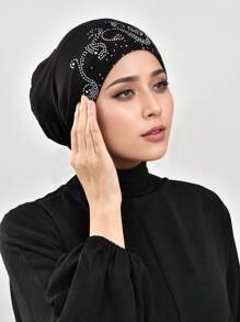 1pc Women Spring New Muslim Ruffle Diamond Beanie Hat, Fashionable Minimalist Casual Versatile Cap, Suitable For Daily Wear, All Seasons Hijab - 01-black - View 3