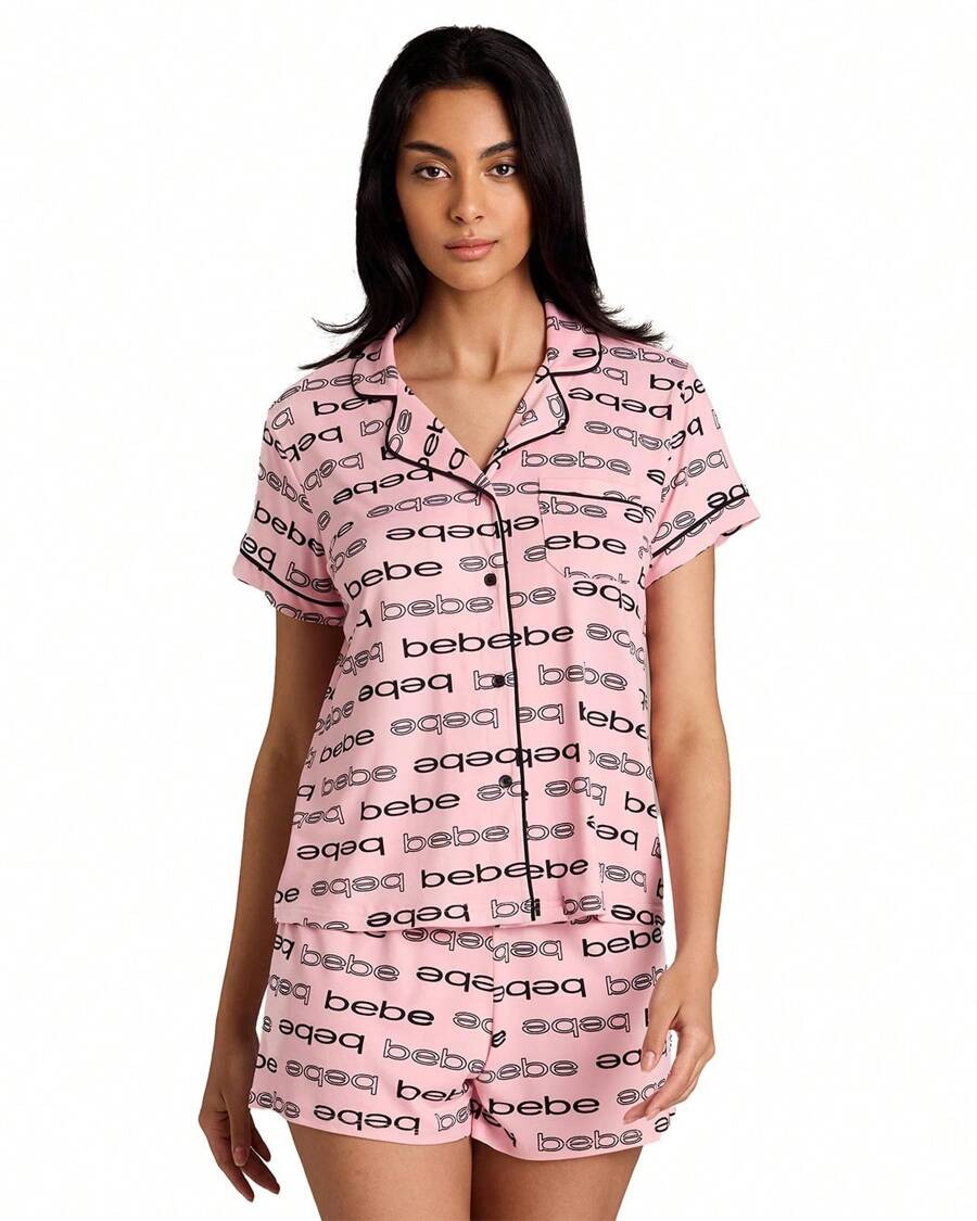 Bebe Pajama Set For Women, Stretch Rayon Knit Short Sleeve PJs For Women Set, Ladies Pajamas Sets - Blush - View 1