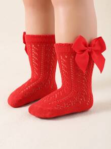5/1 双婴儿蝴蝶结装饰网眼及膝袜，柔软舒适透气长袜，幼儿礼服袜婴儿袜女童袜红色，万圣节装饰感恩节圣诞节礼物