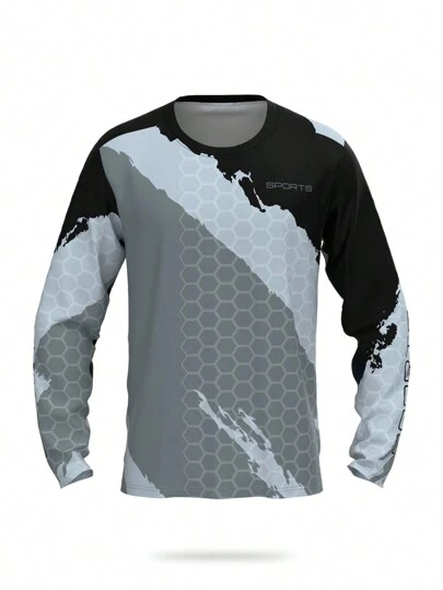 男士长袖3D数码几何印花健身T恤，吸湿排汗运动上衣，户外跑步核心训练压缩T恤（春季款）