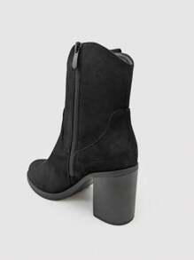 Damskie botki w jednolitym kolorze z okrągłym noskiem i grubym obcasem, do noszenia na co dzień - Czarne - Zobacz 3