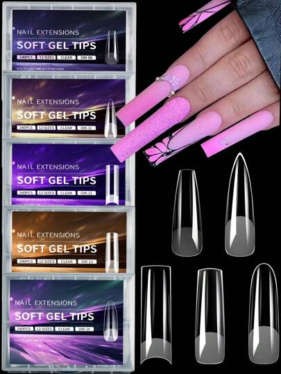 240片 XXL 长方形全贴半贴二合一哑光假指甲快速延长软胶贴片，适用于女性和女孩美甲DIY美甲用品