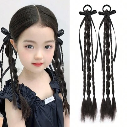 2 件女孩儿童合成头发自然辫子马尾假发带橡皮筋自然时尚芭蕾风格假发辫子发饰，蝴蝶结装饰扭辫马尾假发，
