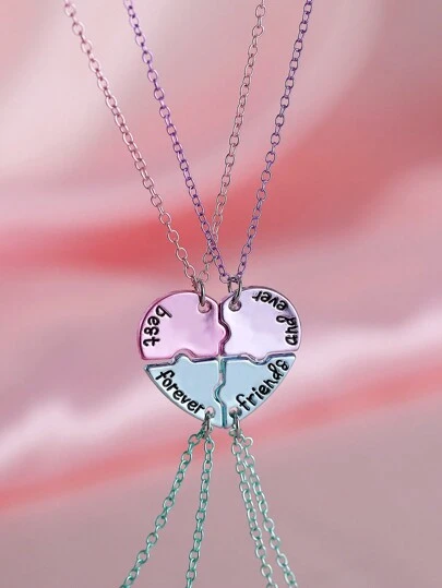 Set de 4 collares con colgantes de rompecabezas en forma de corazón "Mejores amigas para siempre", con encantos de esmalte colorido y tono dorado/plateado mate de aleación, collar para adolescentes, collar de mejores amigas, collar de amistad, regalos para niñas, collar de hermanas, regalo para hermana, de vuelta a la escuela, Año Nuevo