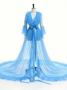 Women Summer Kimono Dress, Sheer Tulle V-Neck Long Flare Sleeves Floor-Length Night-Robe Lingerie, 4 Colors - 藍色 - 查看 2