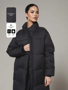 Áo khoác lông vũ dài tay ấm áp màu trơn dành cho nữ, thiết kế thời trang tối giản thanh lịch chất lượng cao, phù hợp với mọi dịp hàng ngày, trang phục đêm giao thừa, áo khoác ngoài ngày lễ - màu đen - Xem 2