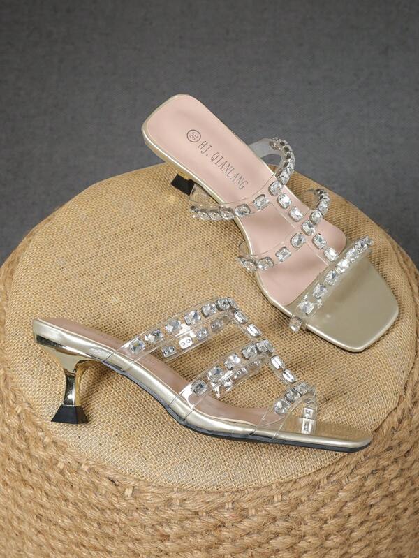 صندل كعب عال مزين بنقش الراين، أشرطة مدببة التصميم، مناسب للإرتداء في المناسبات والحفلات