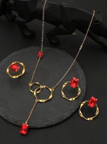 4 件套经典几何简约项链 + 耳环 + 戒指首饰套装，镀层，适合派对、节日礼物 - 彩色 - 查看 4