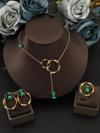 4pcs/Set Classic Geometric Minimalist Necklace + Earrings + Ring Jewelry Set For Women, Plated, Suitable For Party, Holiday Gift
