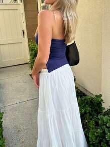Women Tube Tops Solid Color Slit Strapless Tank Tops Summer Backless Bandeau Shirts Streetwear - Navy - View 2