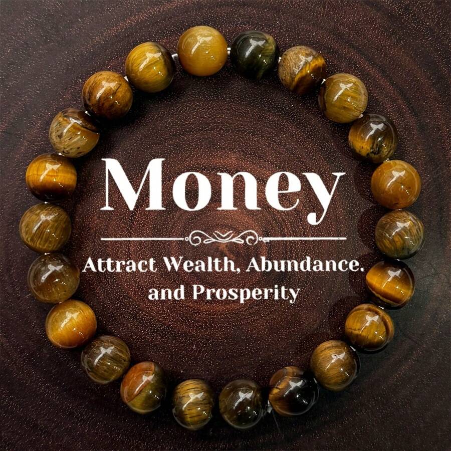 天然银河虎眼石手链 8 毫米天然石象征财富和好运。可作为送给家人和朋友的礼物。（无标签） - 黃色 - 查看 1