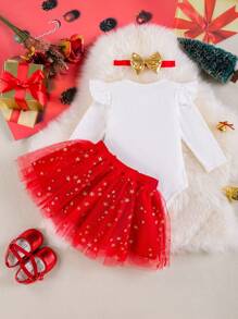 Ensemble de 3 pièces de tenue de Nouvel An pour bébé/fille: body à manches longues avec lettres brodées, jupe, serre-tête