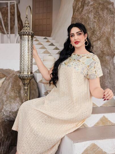 优雅阿拉伯女式连衣裙，彩色串珠刺绣，JALABIA 流苏圆领长袍，优质面料，2025 年春夏，斋月，宰牲节