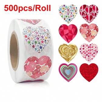 500 piezas/Rollo Pegatinas de corazones de brillo de San Valentín de 1 pulgada de forma de corazón, decoración de sobres, regalos, embalaje, decoraciones para el Día de San Valentín, sellos de sobres, envoltorios de regalos, decoraciones de fiesta, recompensas de maestros y manualidades navideñas