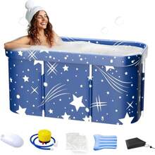 Foldable Adult Bathtub, Self-Supporting, With Backrest And Pillow, Improved Support Bar, 120 X 50 X 55 Cm, Large, Non-Slip, Portable, 10 Bath Bags - Blue - View 1