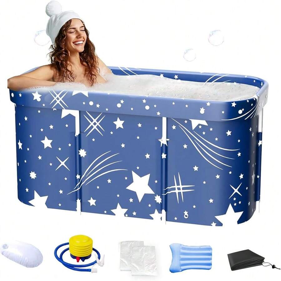 Foldable Adult Bathtub, Self-Supporting, With Backrest And Pillow, Improved Support Bar, 120 X 50 X 55 Cm, Large, Non-Slip, Portable, 10 Bath Bags - Blue - View 1