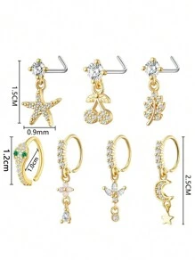 1-8 件银心与花多元素铜锆石鼻环，18K 镀金鼻钉，适合女性日常佩戴和夏季礼物 - 銀色 - 查看 7