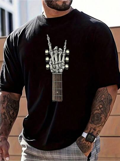 Camiseta de Hombre Rock On Guitar Neck Rock & Roll Skeleton, Emo