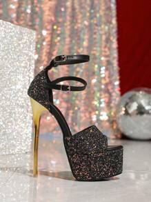 Tacones altos de aguja sexy para mujer de 16cm con pedrería, tacones abiertos metálicos, zapatos de vestir de moda para boda