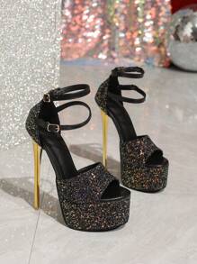 Tacones altos de aguja sexy para mujer de 16cm con pedrería, tacones abiertos metálicos, zapatos de vestir de moda para boda