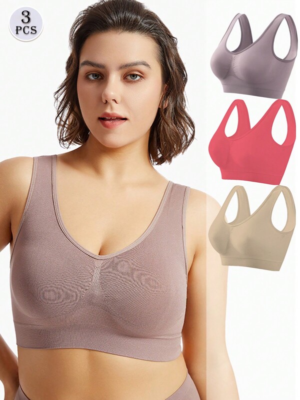 3pcs Women's Sports Bras Set, Plus Size Solid Non Padded Seamless Running Versatile Bralette