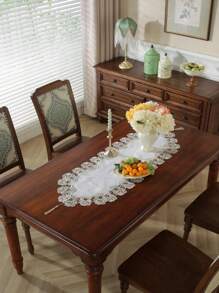 1PC White And Two Color Peony Flower Lace Table Runner, Table Runner, Decorative Tablecloth For Dining Table, Desk, Coffee Table, Dresser, Interior Decoration, Seasonal Decoration, Home, Party, Wedding, Outdoor Furniture - White - View 4