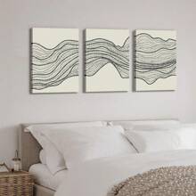 Mid Century Retro Art Dark Brown Wavy Lines Boho Style Minimalist Geometric Abstract Shape Print - Home Room Decor Wall Art With Frame