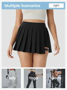 YEIFIN High Waisted Pleated Two-Fold Side Pocket With Adjustable Buckle, Mini Quick Drying Sports Pants, Tennis Skirt Black Summer - Black - View 4