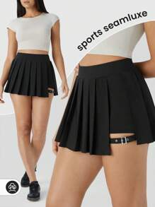 YEIFIN High Waisted Pleated Two-Fold Side Pocket With Adjustable Buckle, Mini Quick Drying Sports Pants, Tennis Skirt Black Summer - Black - View 3