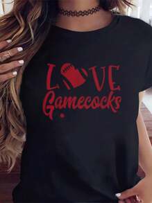 Women's Love Gamecocks Printed T-Shirts, Interesting Pattern Short Sleeves, Cotton Women's Casual Tops, Suitable For Daily Wear - 黑色 - 查看 1