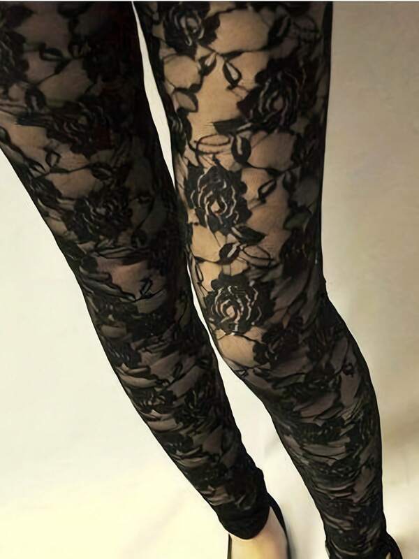 Women Summer Leggings, Solid Color Floral Lace Sheer Long Elastic Band High Waist Pants, Vintage Slim-Fit Wild Fashion Bottoms