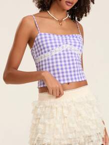 Cottage Plaid Print Spaghetti Strap Y2K Aesthetic 00s Retro Grunge Tank Tops - Purple - View 1