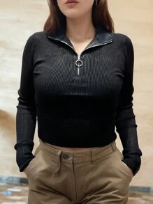 New Women's Knitted Sweater With Zipper And Half High Neck.