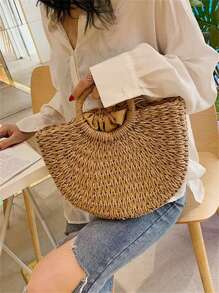 Women's Beach Bag With Hand Ring, Removable Handle, Large Half-Moon Straw Bag, Fabric Lining, Drawstring Closure - Khaki - View 1