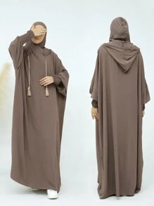 1pc Women Chiffon Crinkled Abaya, Muslim Hooded Drawstring Robe, Fashionable Solid Color Hijab, Elegant Casual Comfortable Outerwear, Suitable For Daily Life,Modest