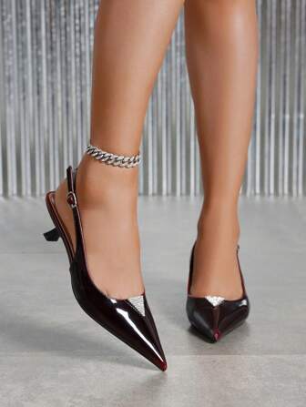 Vinröda högklackade sandaler för kvinnor, 2024 Sommar Ny stil Slip-On spetsad tå Tunn klack Fashionabla fransk stil Graciös Slip-On Low Vamp Mångsidig kontor damskor