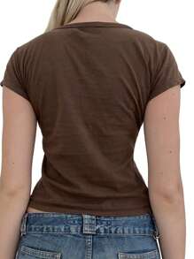 Women Teen Girl Y2k Top Summer Clothes Cute Graphic Print Crop Top Tee T-Shirt E Girl Clothing Aesthetic - 棕色 - 查看 2