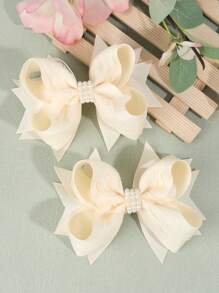 2pcs Cream Colored Bow Hair Clips, Suitable For Girls, Multi-Layer Solid Bow Hair Clips With Tails, Faux Pearl And Lace Decor Hair Clips, Alligator Clips, Party/Wedding Hair Accessories, Gift For Girls (Beige) - Multicolor - View 1