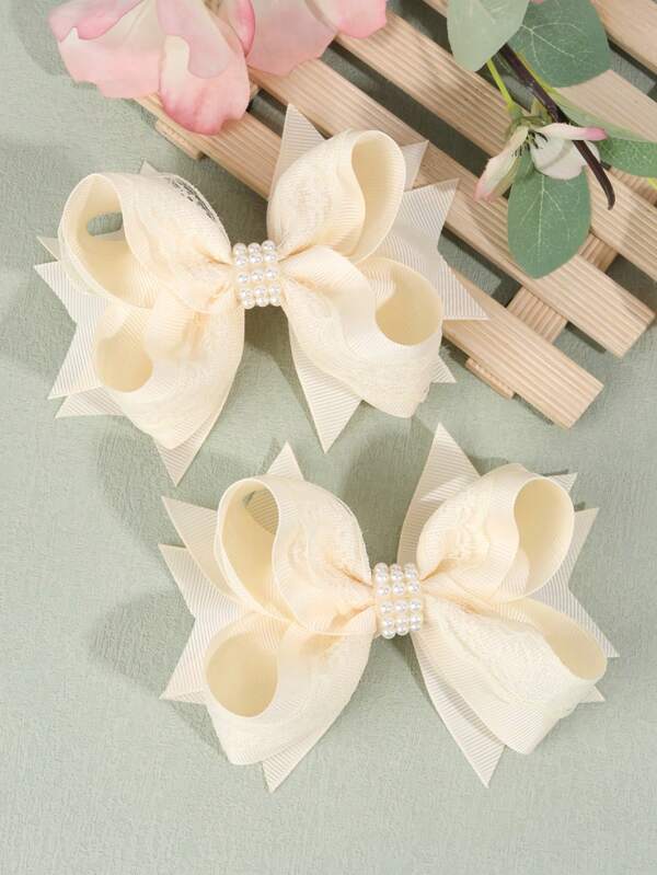 2pcs Cream Colored Bow Hair Clips, Suitable For Girls, Multi-Layer Solid Bow Hair Clips With Tails, Faux Pearl And Lace Decor Hair Clips, Alligator Clips, Party/Wedding Hair Accessories, Gift For Girls (Beige)