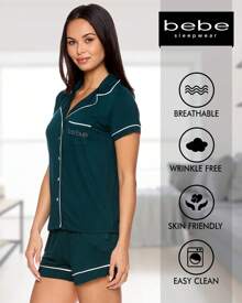 Bebe Pajama Set For Women, Stretch Rayon Knit Short Sleeve PJs For Women Set, Ladies Pajamas Sets - Deep Teal - View 3