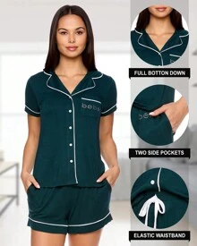 Bebe Pajama Set For Women, Stretch Rayon Knit Short Sleeve PJs For Women Set, Ladies Pajamas Sets - Deep Teal - View 2