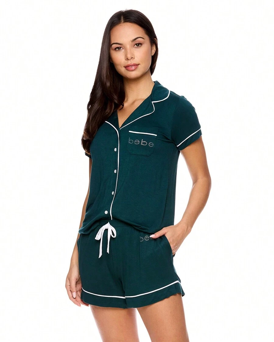 Bebe Pajama Set For Women, Stretch Rayon Knit Short Sleeve PJs For Women Set, Ladies Pajamas Sets - Deep Teal - View 1