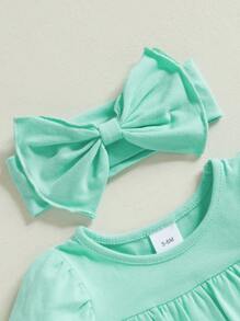 Conjunto de verano para niña, mono de color liso con cuello redondo y mangas cortas abullonadas y diadema, ropa para recién nacida - Verde - Ver 7