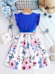 Young Girl Summer New Floral & Butterfly Print Cute Casual Dress With Cap Sleeves - Blue - View 2