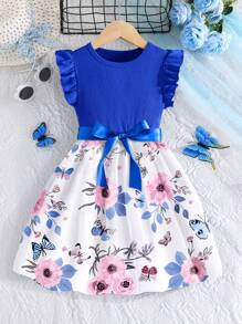 Young Girl Summer New Floral & Butterfly Print Cute Casual Dress With Cap Sleeves - Blue - View 1