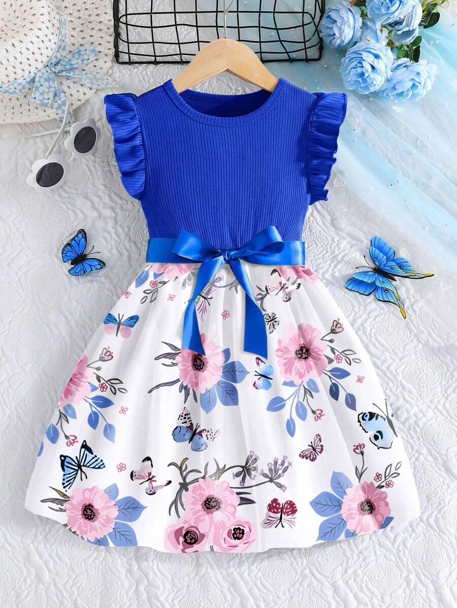 Young Girl Summer New Floral & Butterfly Print Cute Casual Dress With Cap Sleeves - Blue - View 1