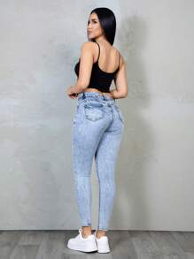 Skinny Jeans Tipo Cargo, Pantalones Pegados Color Azul con Detalles de Desgarre y Cinturón,  Efecto Levanta Glúteos que Moldea la Figura - Azul HSL7036 - Ver 3