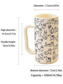Cute Cat Pattern Ceramic Mug, Single Piece In Black Or Beige Tall Style Coffee Cup With Large Handle, Adorable Animal Print Tea Cup, Essential For Cat Lovers, Christmas Series Gift, Home, Office, Kitchen Decor And Holiday Present - Multicolor - View 6